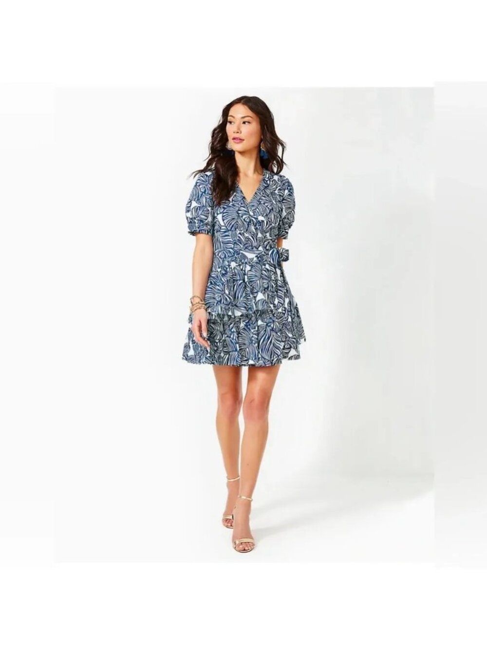 Lilly Pulitzer Alexandria Elbow Sleeve Cotton Ruffle Wrap Dress Coastal NWT